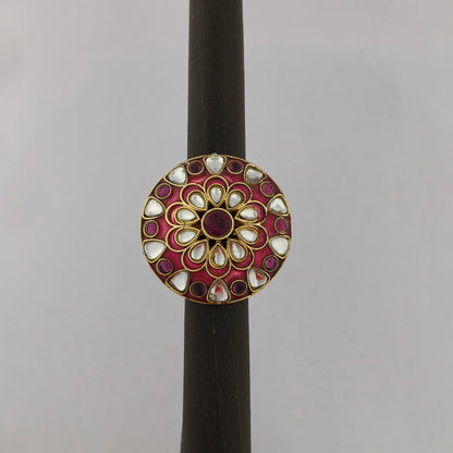 Traditional Meenakari Kundan Ring - Rani Pink