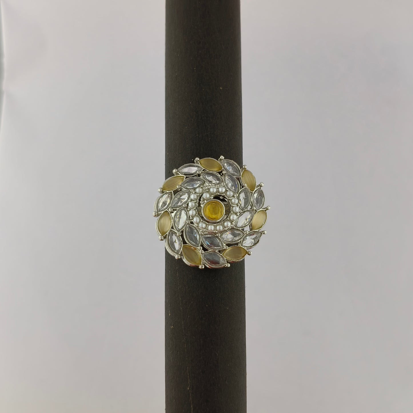 Silver Coated Floral Statement Ring - Yellow, Pearl