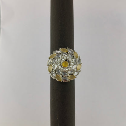 Silver Coated Floral Statement Ring - Yellow, Pearl