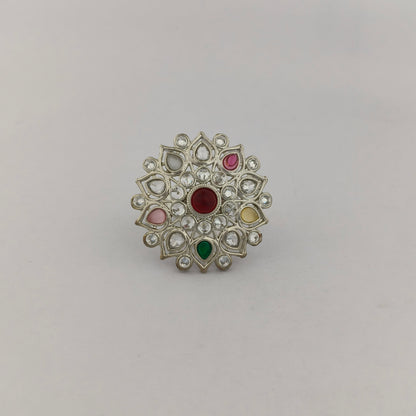Silver Coated Floral Statement Ring - Multicolor