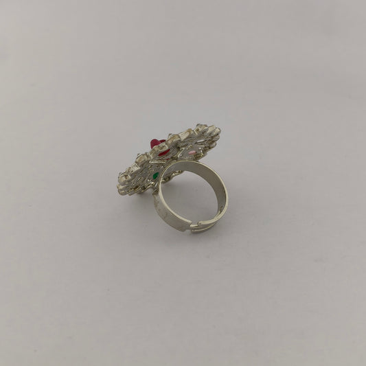 Silver Coated Floral Statement Ring - Multicolor