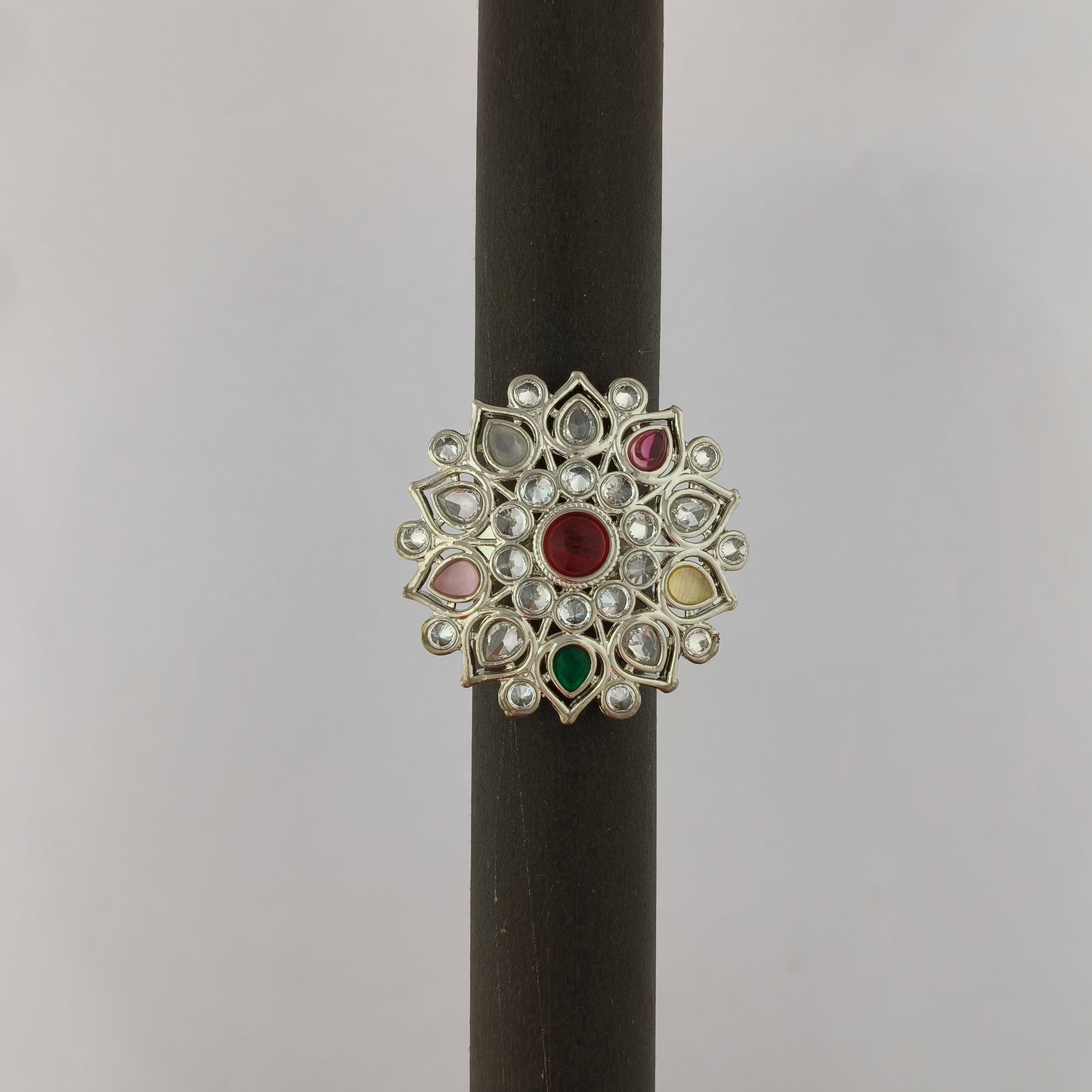 Silver Coated Floral Statement Ring - Multicolor