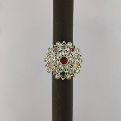 Silver Coated Floral Statement Ring - Multicolor