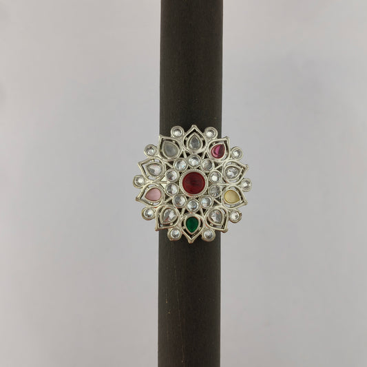 Silver Coated Floral Statement Ring - Multicolor