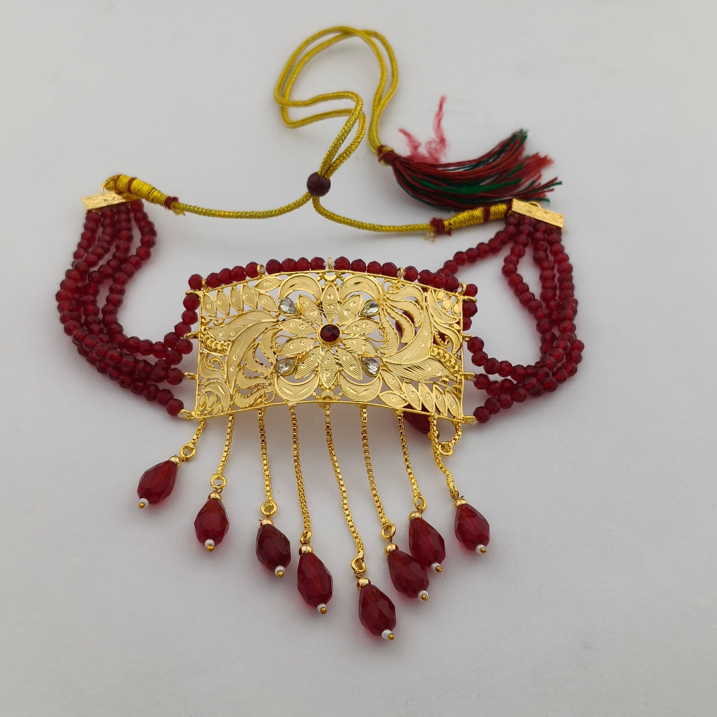 The Regal Leaf Mesh Choker  - Red Crystals